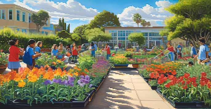 Students working together in a colorful school garden, planting and watering a variety of plants under a sunny sky.