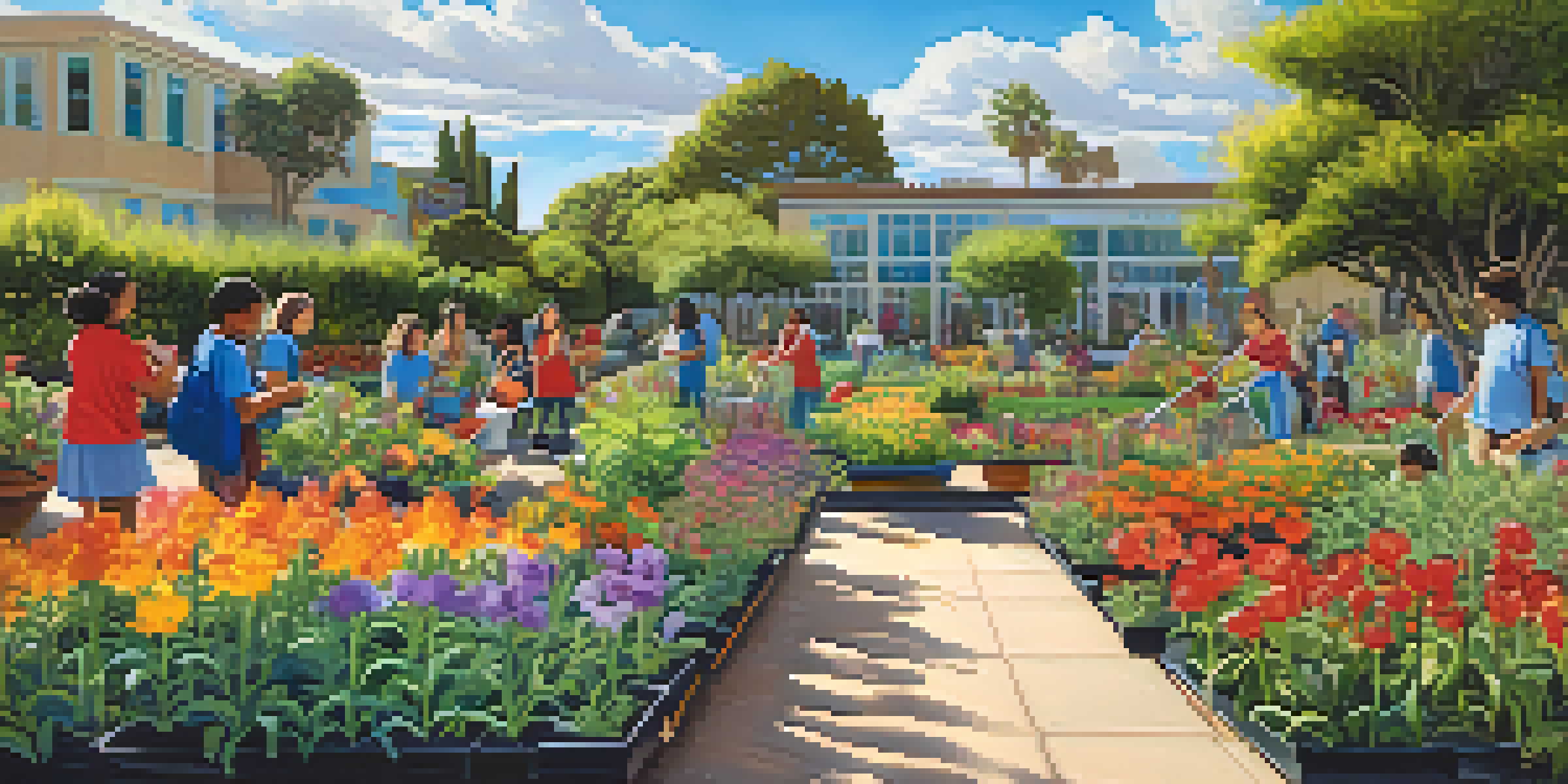 Students working together in a colorful school garden, planting and watering a variety of plants under a sunny sky.