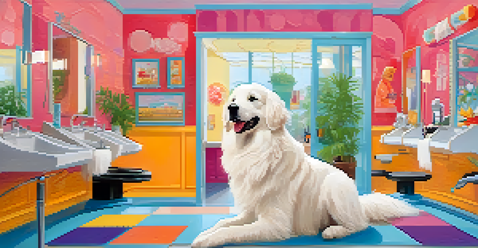 A groomer washing a fluffy white dog in a colorful and bright pet grooming salon.
