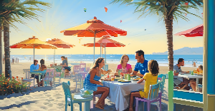 A family having a meal at a beachside cafe with ocean views and children playing in the sand.