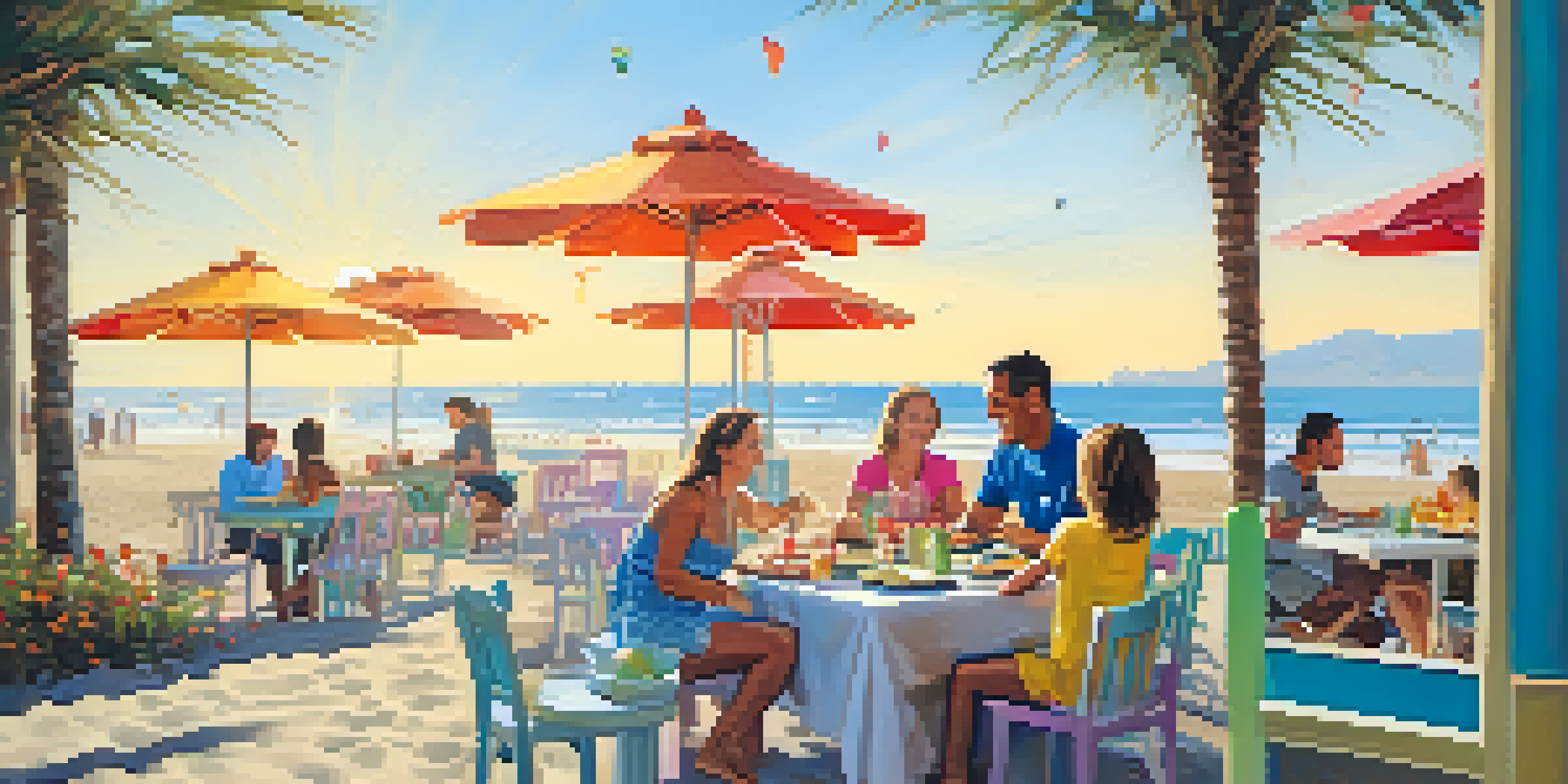 A family having a meal at a beachside cafe with ocean views and children playing in the sand.