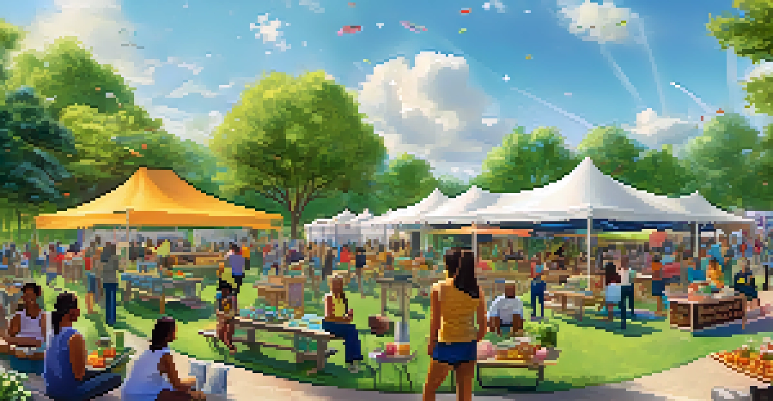 A lively wellness festival in a park with booths, cooking demonstrations, and diverse participants enjoying healthy activities.