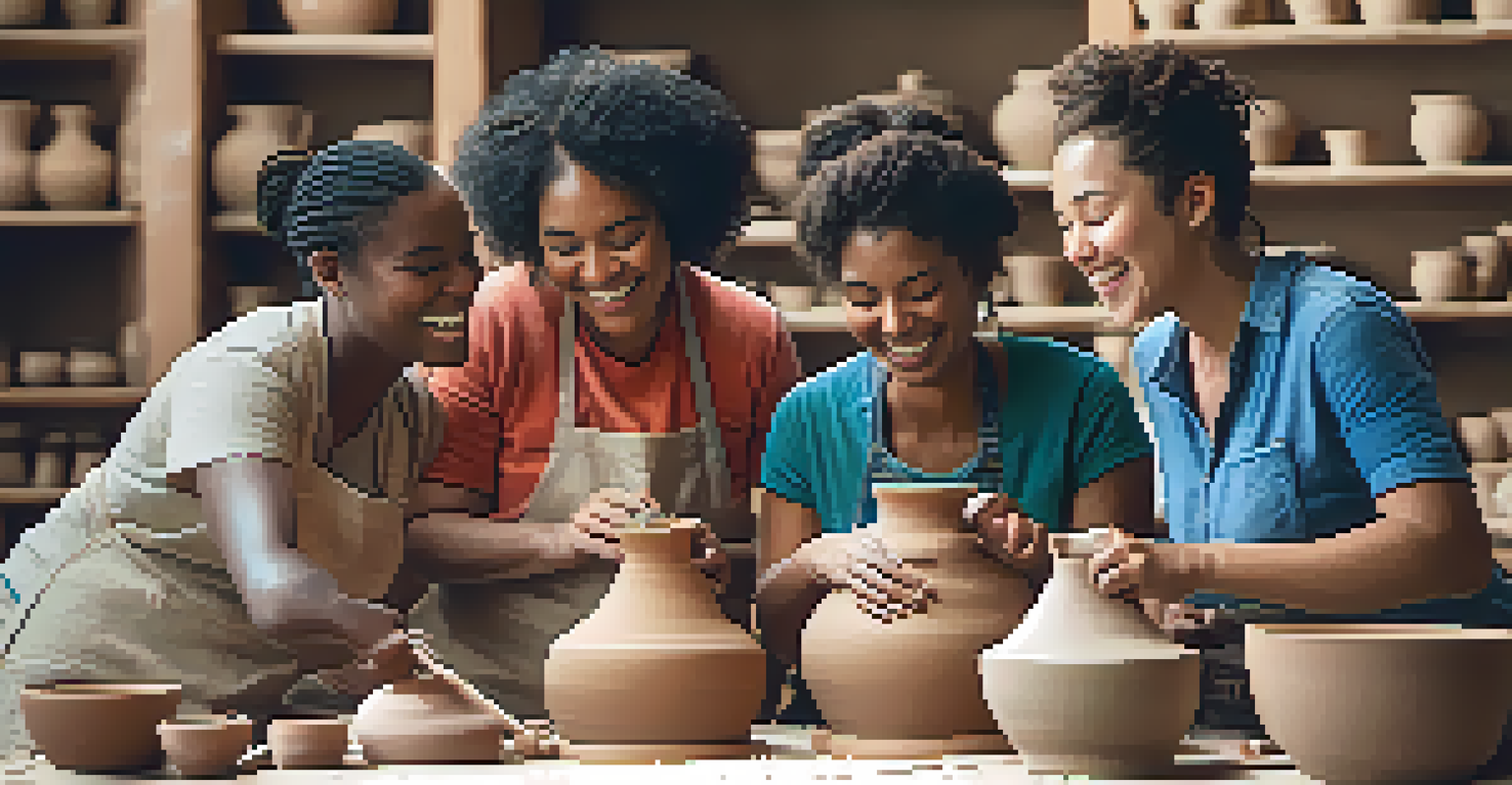 A pottery workshop with participants learning and creating under the guidance of an experienced artisan, filled with laughter and creativity.