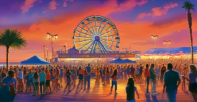 A lively concert at Santa Monica Pier at sunset, with a diverse audience enjoying live music and colorful lights.