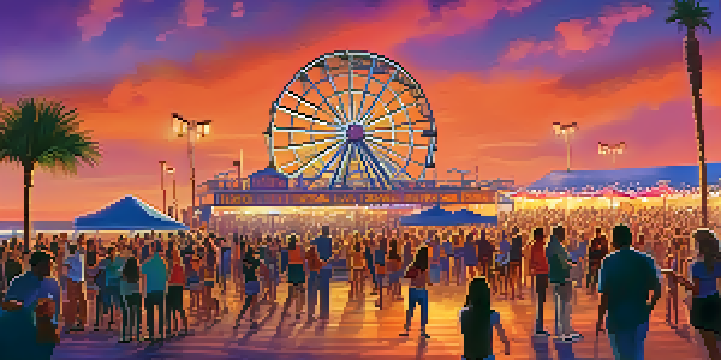 A lively concert at Santa Monica Pier at sunset, with a diverse audience enjoying live music and colorful lights.