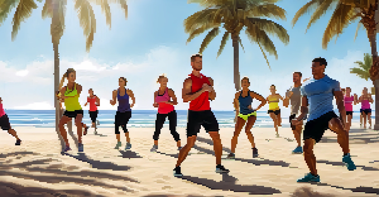 Fitness enthusiasts participating in an outdoor boot camp on the beach, performing exercises with the ocean and palm trees in the background.