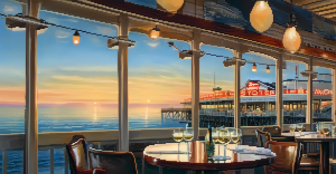 A beautiful sunset over the Santa Monica Pier, showcasing the restaurant 'The Lobster' with a table set for dining, including a plate of Maine lobster and a glass of white wine.
