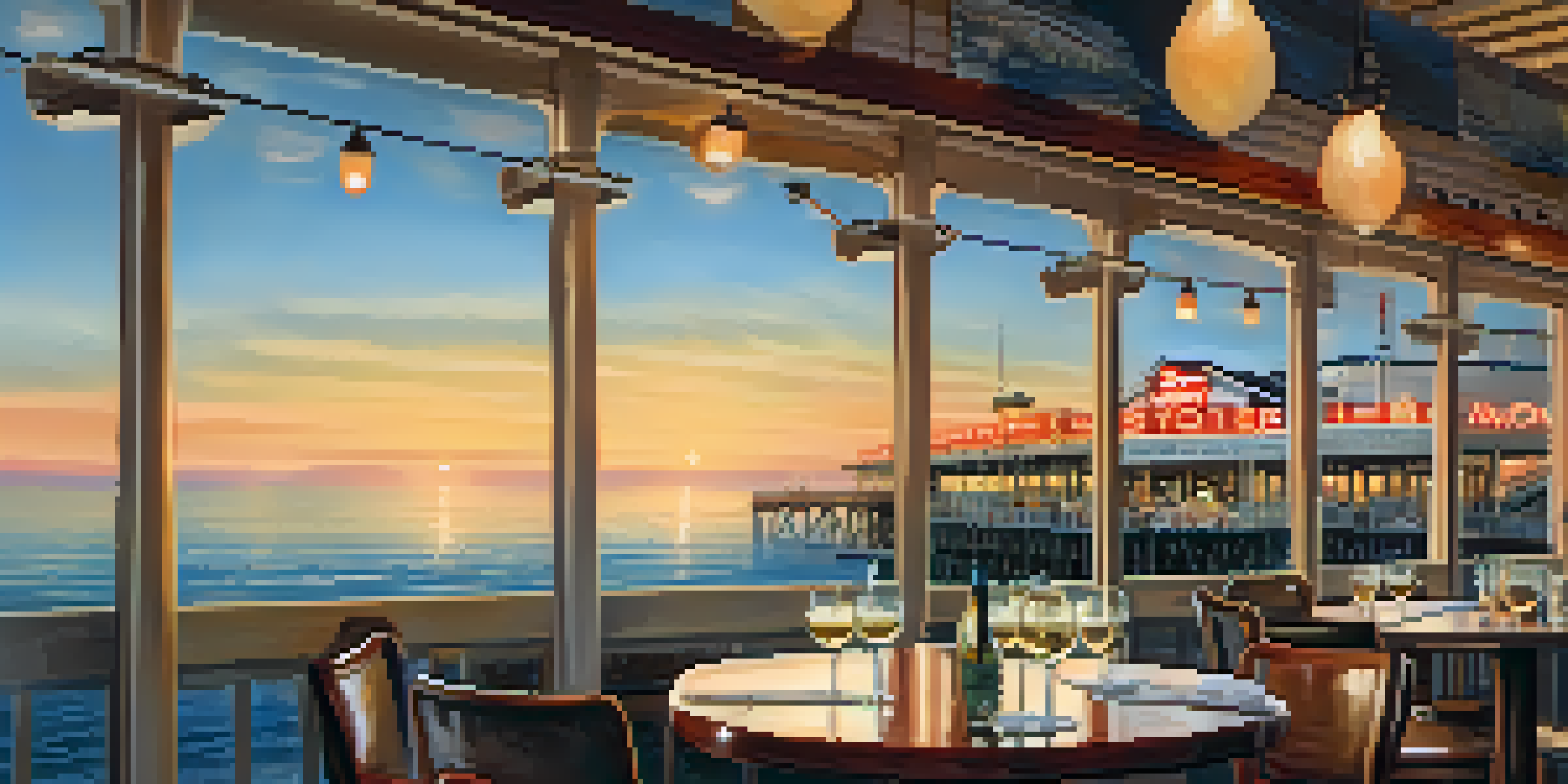 A beautiful sunset over the Santa Monica Pier, showcasing the restaurant 'The Lobster' with a table set for dining, including a plate of Maine lobster and a glass of white wine.