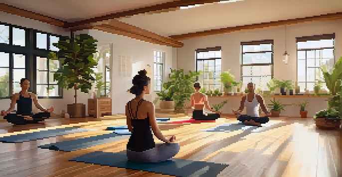A peaceful yoga studio with diverse individuals practicing yoga poses in soft morning light, surrounded by plants.