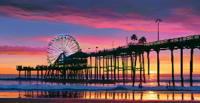 A stunning sunset at Santa Monica beach, with colorful skies and the silhouette of the pier.