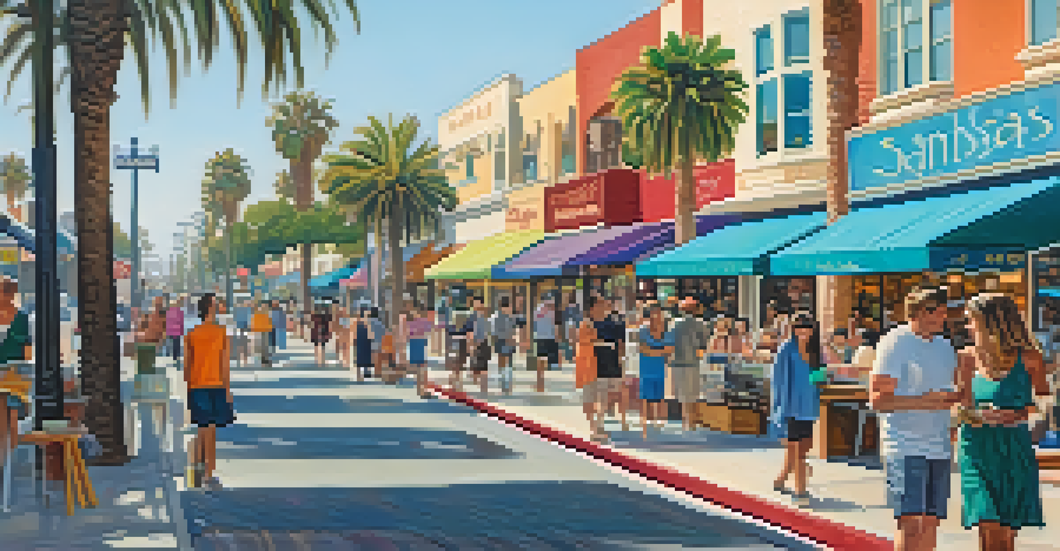 A lively street scene in Santa Monica with tourists and locals enjoying shops and cafes, highlighting the area's vibrant community and culture.