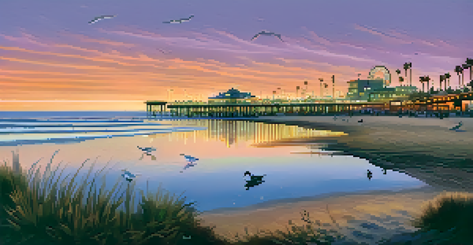 A sunset view of Santa Monica's coastal wetlands with sea birds flying above and the silhouette of the Santa Monica Pier in the background.