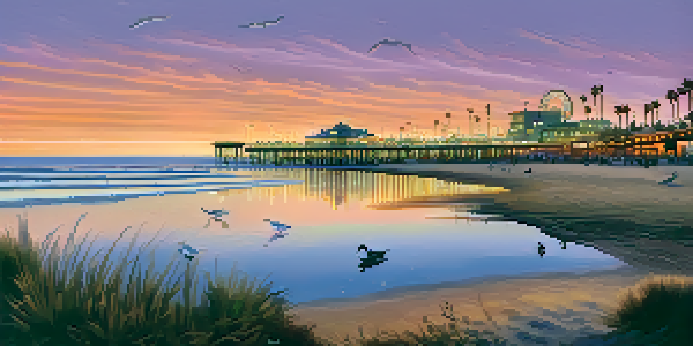 A sunset view of Santa Monica's coastal wetlands with sea birds flying above and the silhouette of the Santa Monica Pier in the background.