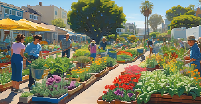 A lively community garden with people of different backgrounds tending to diverse plants under a sunny sky.