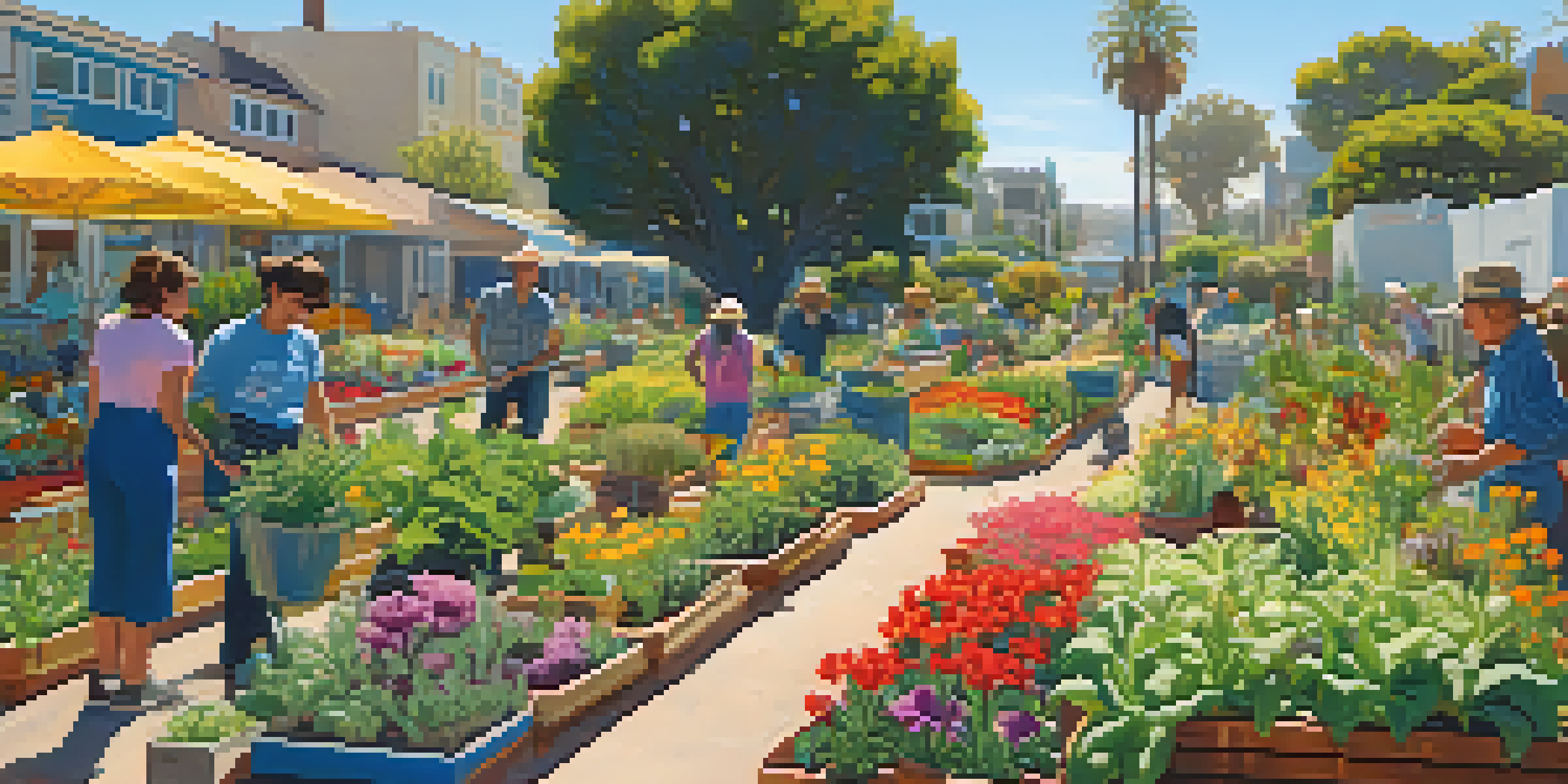 A lively community garden with people of different backgrounds tending to diverse plants under a sunny sky.