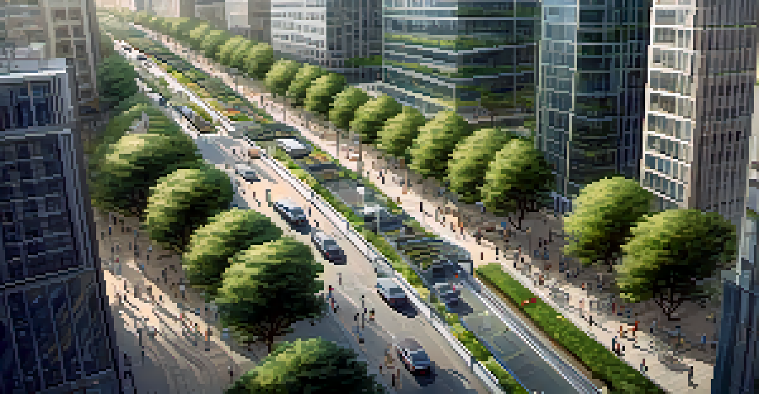 An aerial view of a city with bike lanes and public transport stations, featuring green spaces and cyclists.