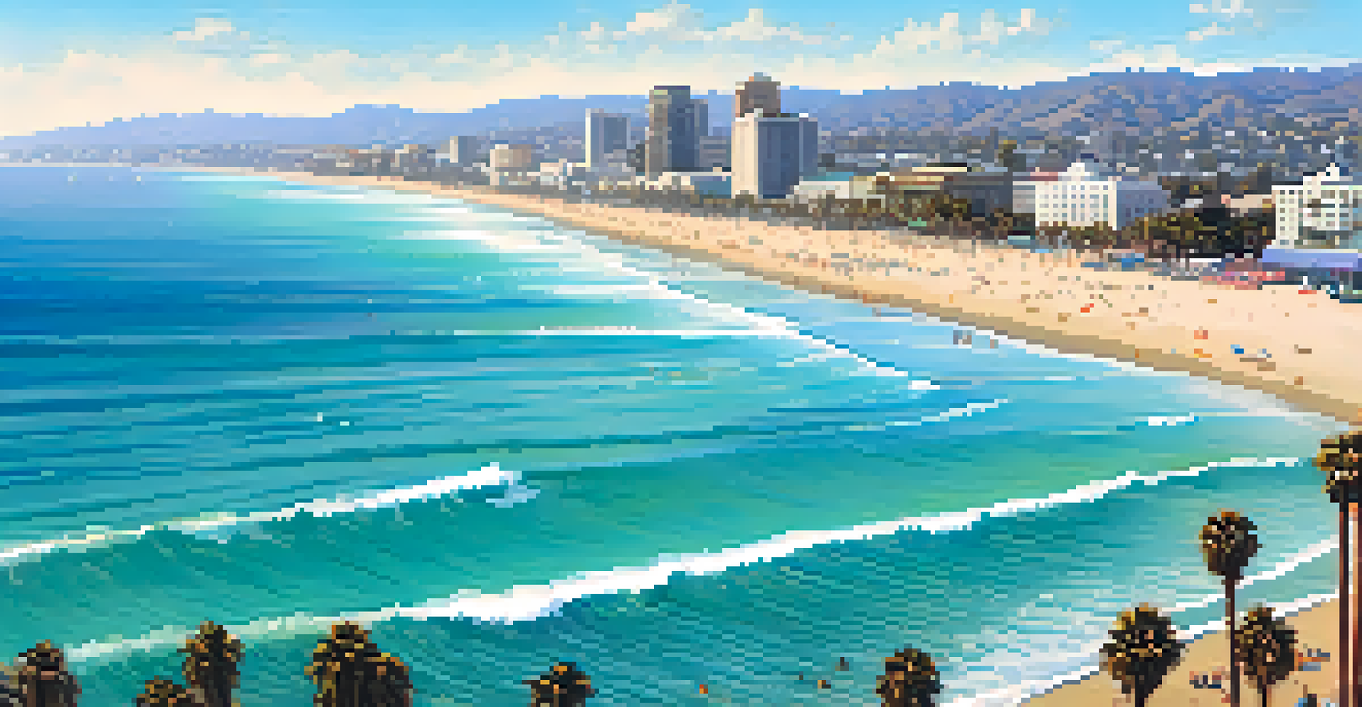 An aerial view of Santa Monica's coastline featuring the beach, pier, and cityscape under bright sunlight.