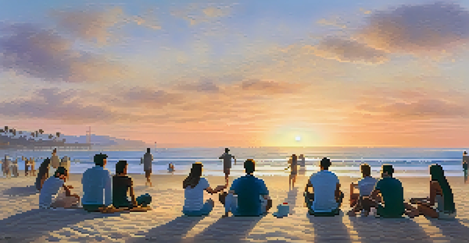 A group of people sitting in a circle on the beach during sunset, engaging in a therapy session.