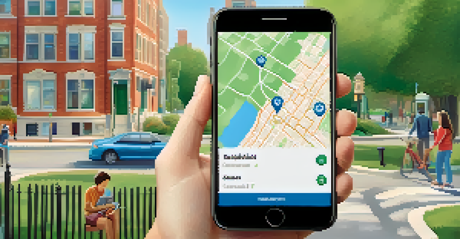 A close-up of a smartphone showing a neighborhood app with a map of reported activities, surrounded by residents discussing safety in a park.