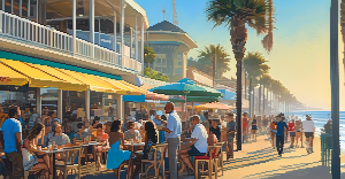 A colorful street scene in Santa Monica with diverse podcast creators discussing outside a café, featuring the Santa Monica Pier in the background.
