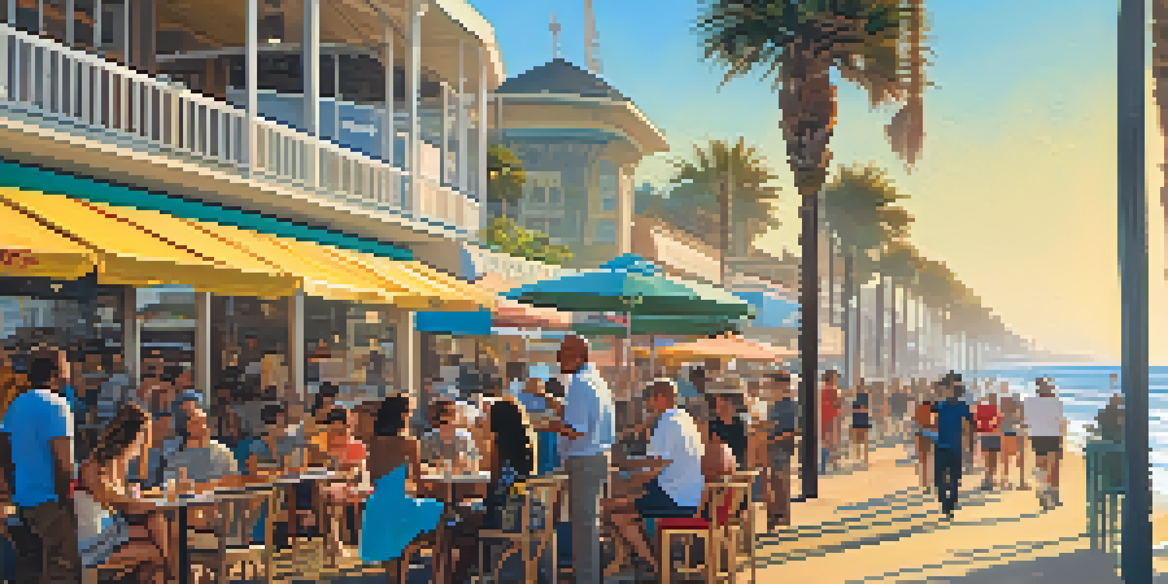 A colorful street scene in Santa Monica with diverse podcast creators discussing outside a café, featuring the Santa Monica Pier in the background.