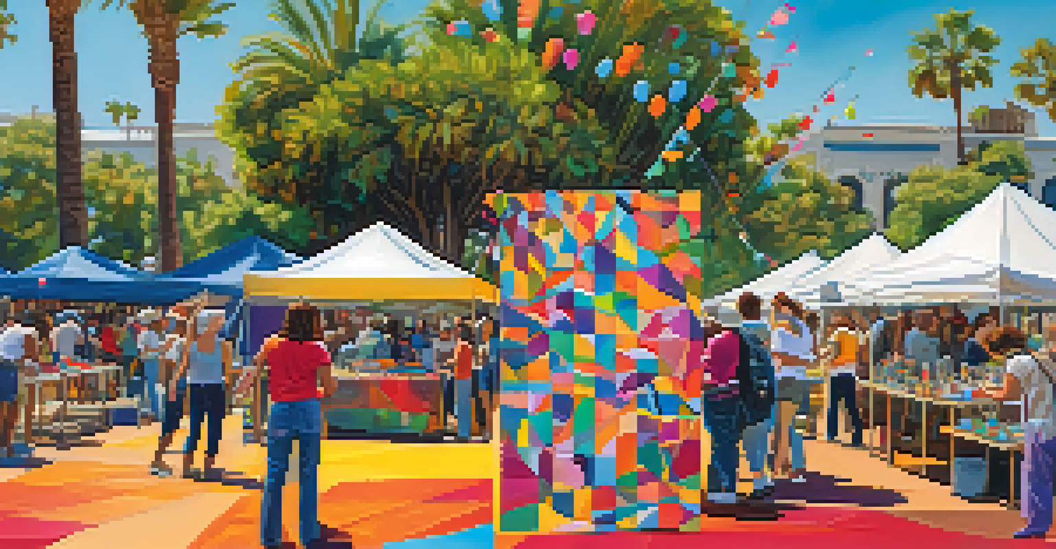 Volunteers preparing for the Santa Monica Arts Festival, with art installations and banners in a sunny setting.