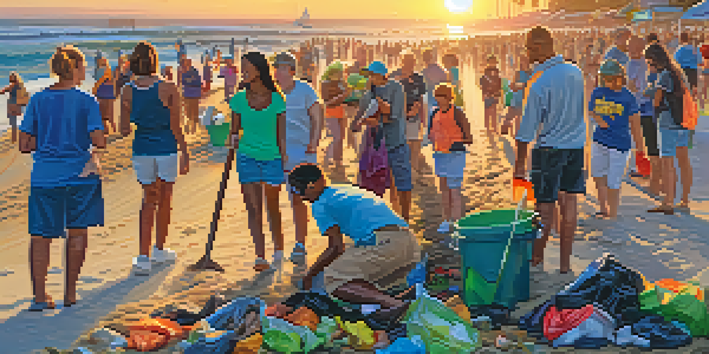 A diverse group of volunteers participating in a beach clean-up in Santa Monica during sunset, with colorful trash bags and tools, showcasing community engagement.
