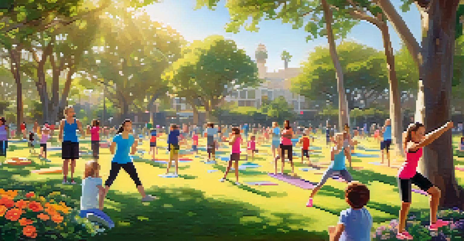 Families participating in an outdoor fitness class in a sunny Santa Monica park, surrounded by greenery.