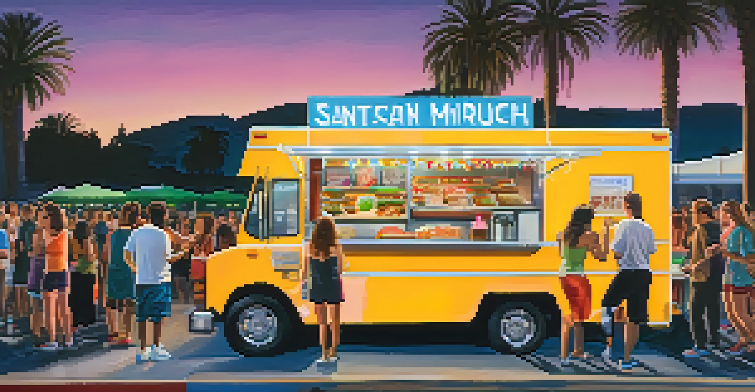 A food truck at a concert with people enjoying tacos and burgers, and musicians performing in the background.