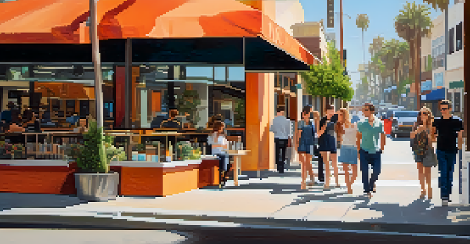 An urban street in Santa Monica filled with young professionals, modern buildings, and outdoor cafes under a sunny sky.