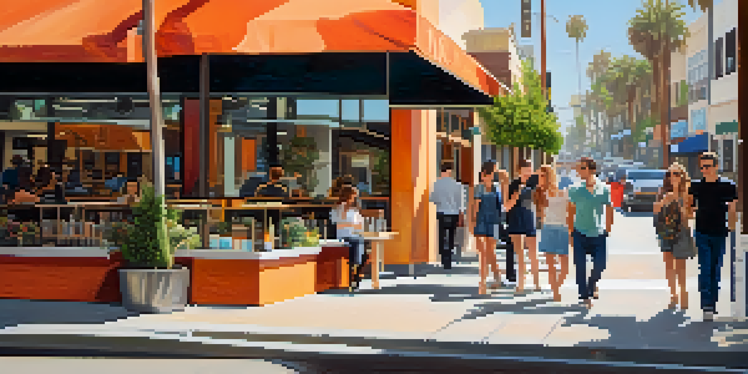 An urban street in Santa Monica filled with young professionals, modern buildings, and outdoor cafes under a sunny sky.