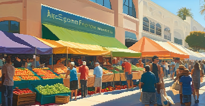 A bustling farmers market with colorful stalls filled with fresh produce and lively interactions between vendors and visitors.