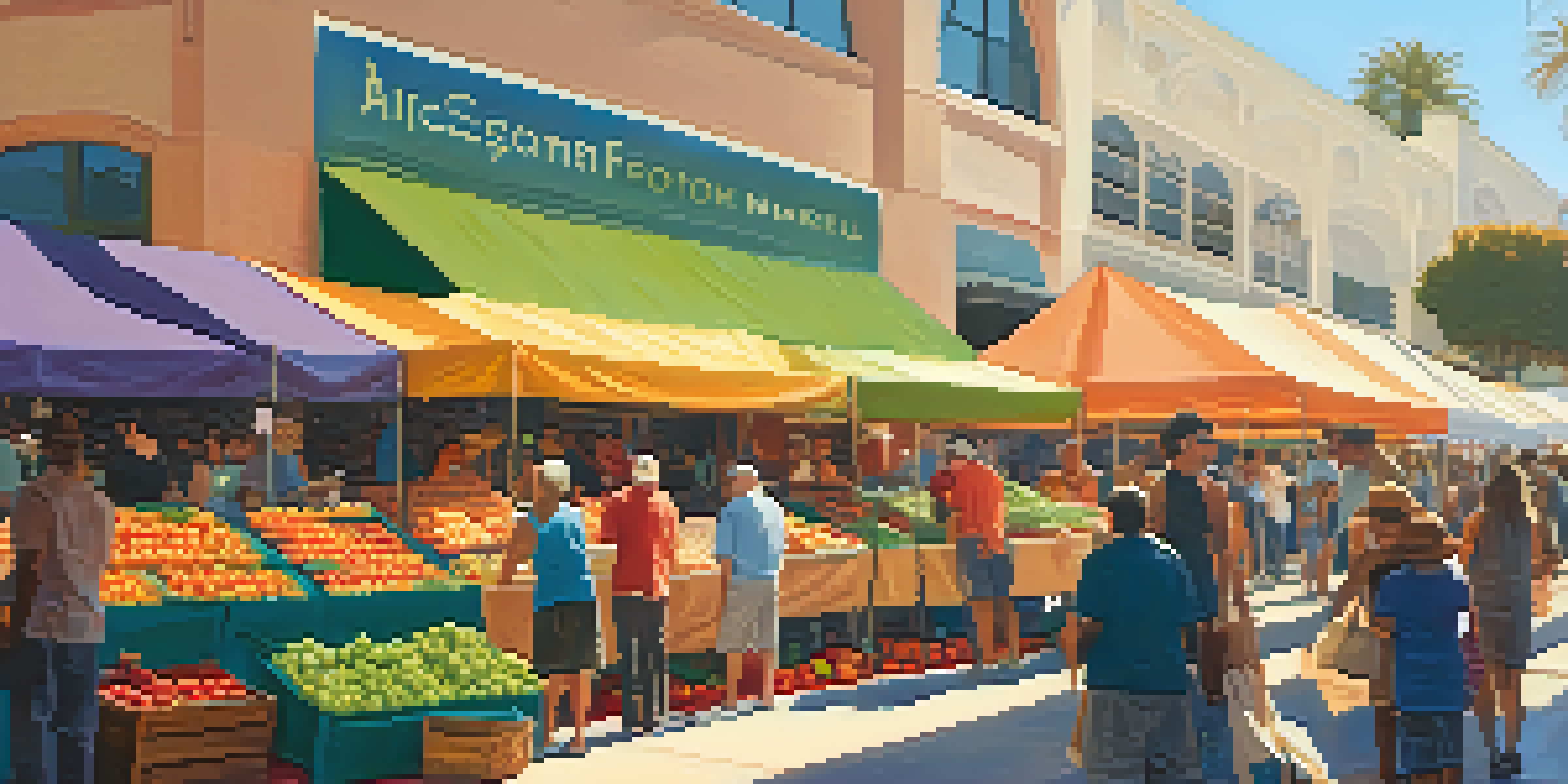 A bustling farmers market with colorful stalls filled with fresh produce and lively interactions between vendors and visitors.