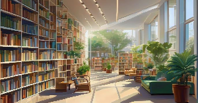 A cozy reading area inside the Santa Monica Public Library with warm lighting and bookshelves.