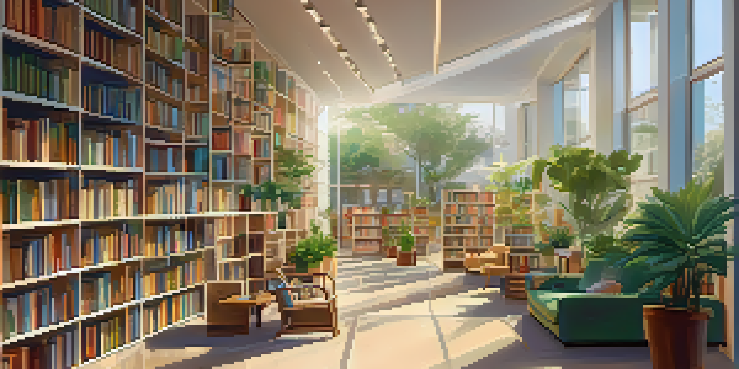 A cozy reading area inside the Santa Monica Public Library with warm lighting and bookshelves.