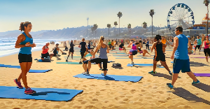 A group of diverse individuals participating in an outdoor boot camp on Santa Monica beach, with the pier in the background and bright sunlight illuminating the scene.
