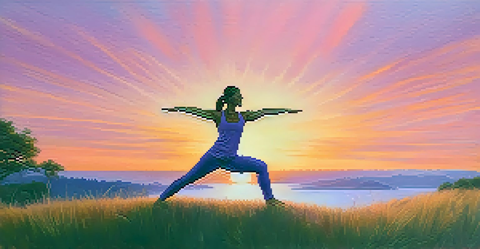 A person practicing yoga on a grassy hilltop during sunset, with vibrant colors in the sky and a calm demeanor.