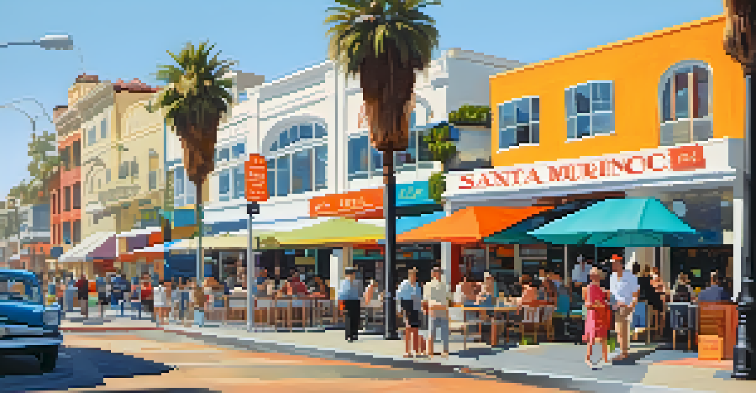 Busy street view in downtown Santa Monica with historic and modern buildings, colorful storefronts, and people dining outdoors.