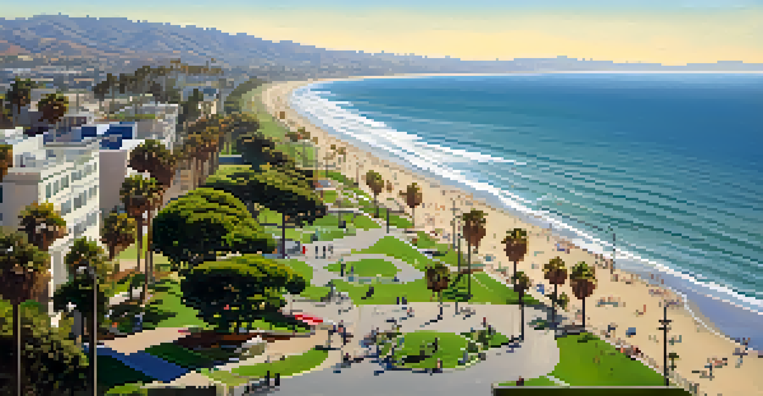 Aerial view of Palisades Park in Santa Monica, featuring green spaces, walking paths, and ocean views, with the Santa Monica Pier in the background.