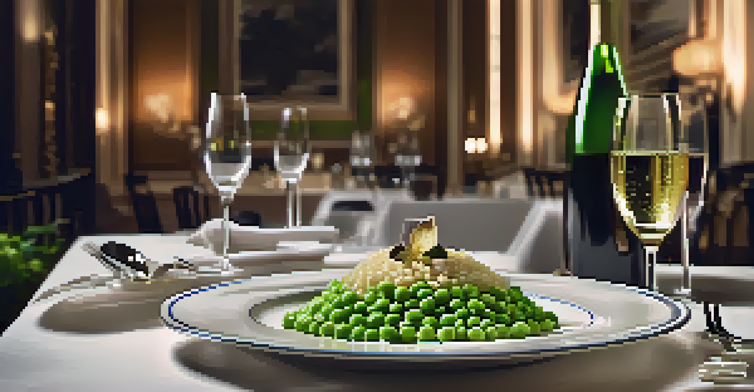 An upscale dining table with a plate of risotto, fine china, and a bottle of Italian wine in a candlelit setting.