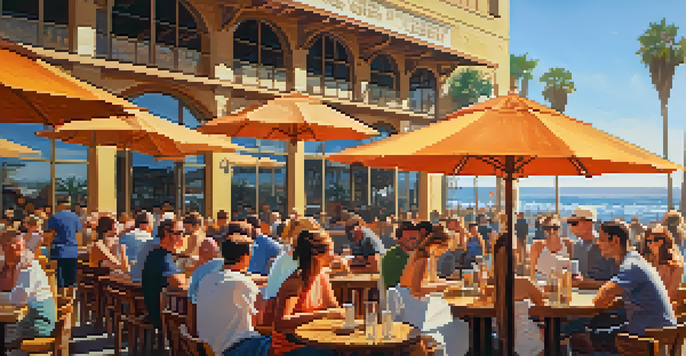 A lively outdoor brewery in Santa Monica with people enjoying craft beers, colorful umbrellas, and palm trees swaying in the background.