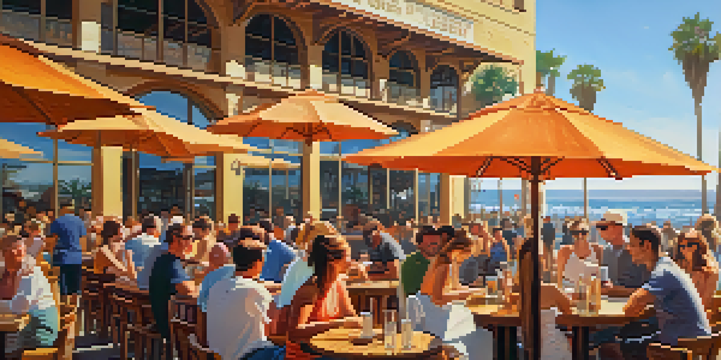 A lively outdoor brewery in Santa Monica with people enjoying craft beers, colorful umbrellas, and palm trees swaying in the background.