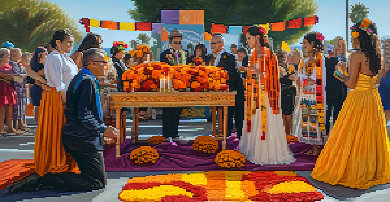 A vibrant Dia de los Muertos altar surrounded by participants in traditional attire celebrating with music and dance.