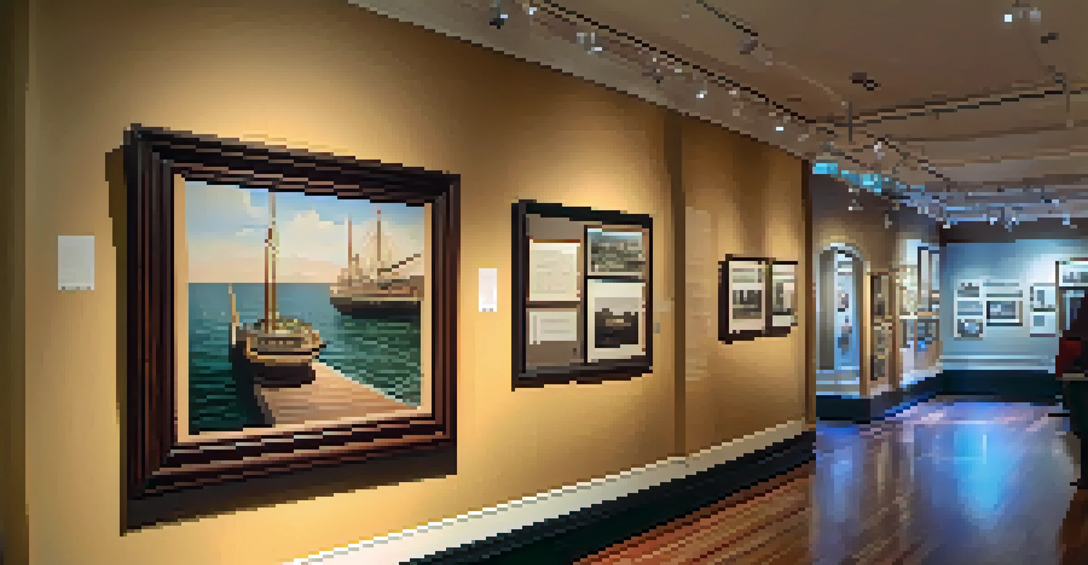 An interior view of the Santa Monica History Museum showcasing vintage photos and artifacts in warm lighting.
