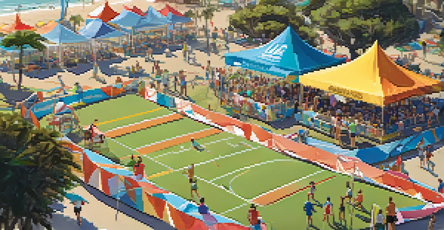 Aerial view of the Santa Monica Sports Festival with colorful booths and sports activities in a park.