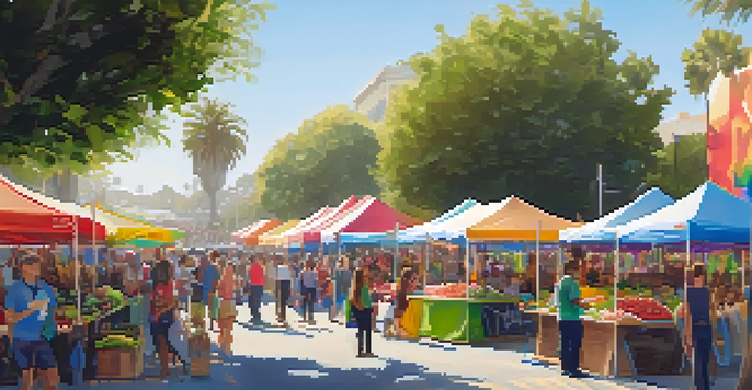 A lively outdoor festival in Santa Monica with colorful tents, local food vendors, and diverse attendees enjoying the festivities under a bright sun.