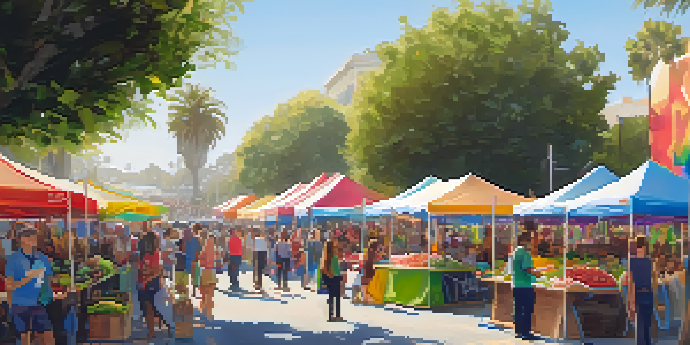 A lively outdoor festival in Santa Monica with colorful tents, local food vendors, and diverse attendees enjoying the festivities under a bright sun.