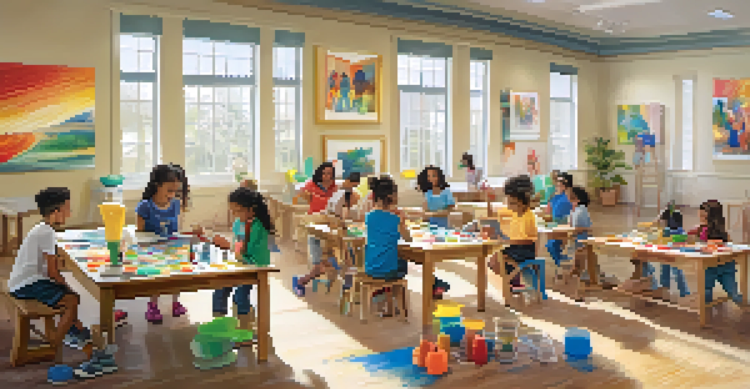 Children engaging in an arts and crafts session, creating colorful paintings and sculptures in a bright room.