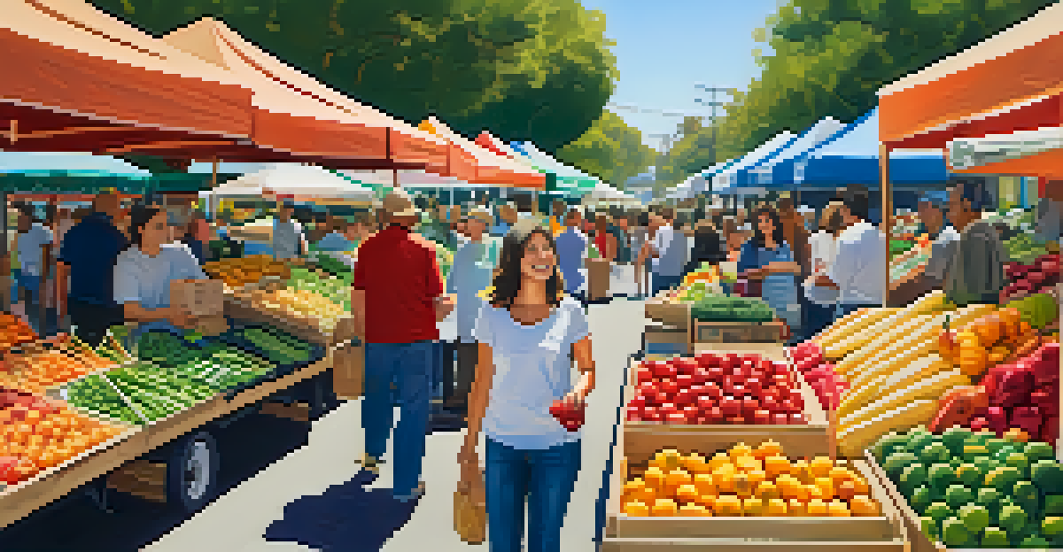 A bustling farmers' market with colorful produce and families enjoying their time shopping for fresh ingredients.