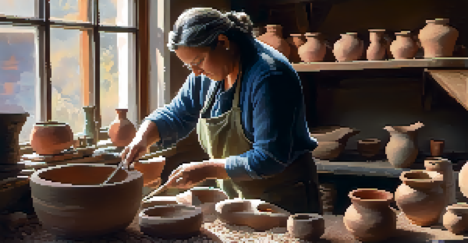 An artisan at work in a pottery workshop, surrounded by tools and colorful clay, with natural light illuminating the scene.